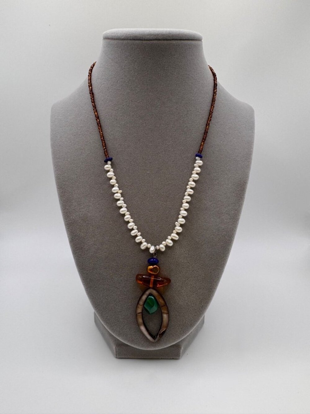 925 Sterling Pearl Amber Lapis Malachite Pendant Necklace Artisan Boho Gem